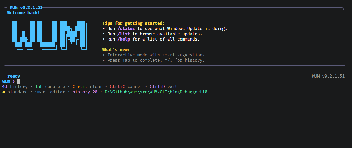WUM interactive shell welcome panel and ready prompt