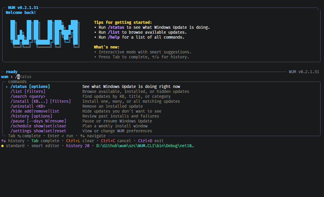 WUM interactive shell showing option suggestions for a command