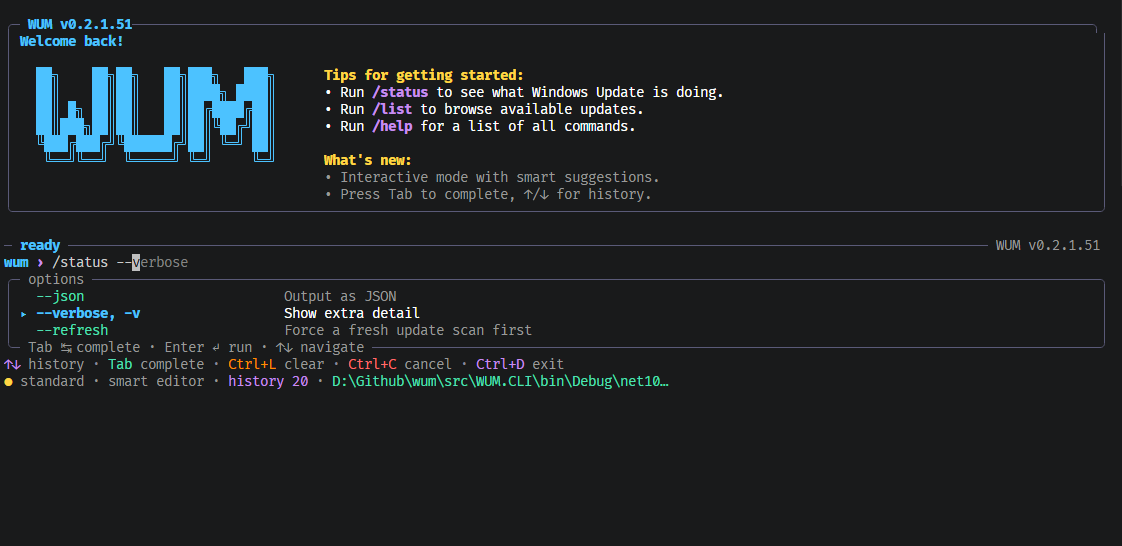WUM interactive shell showing slash command suggestions
